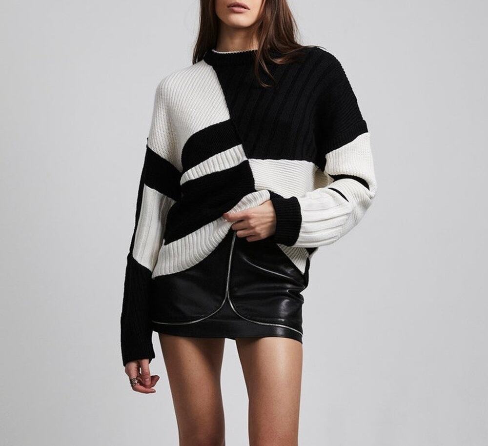 RtA Brand Aimee Knit Sweater Black White Geometric Crew Neck Edgy Size Small